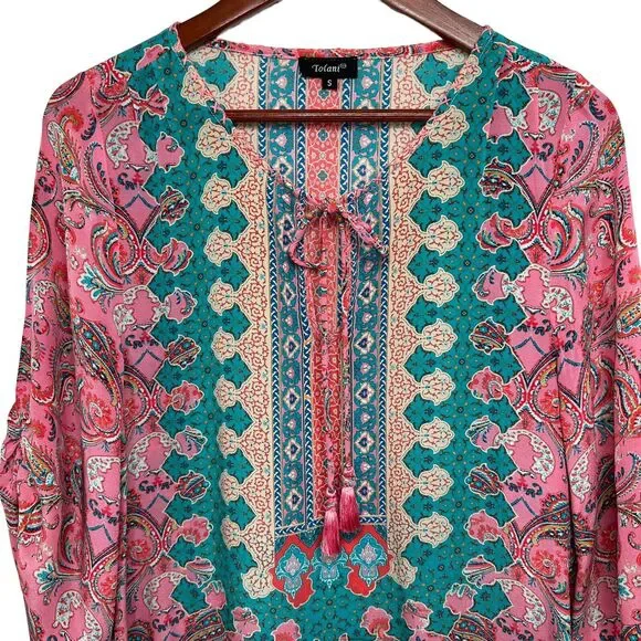 Anthropologie Tolani Silk Pink Geometric Tunic Dress Blouse Size Small Coastal - Picture 9 of 16